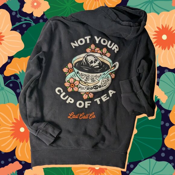 Last Call Co. "Not Your Cup of Tea" Skull Graphic Hoodie, approx. size unisex S - Picture 2 of 8